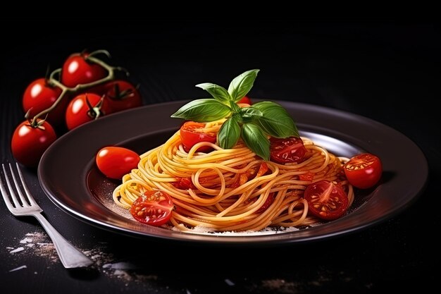 a plate of spaghetti with tomatoes and basil