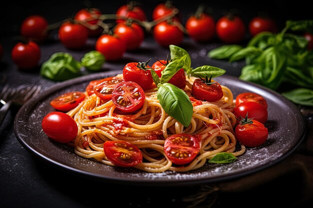 Photo a plate of spaghetti with tomatoes and basil