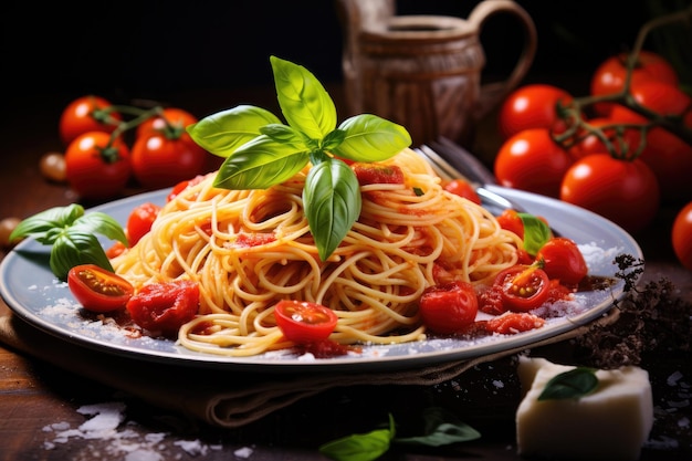 a plate of spaghetti with tomatoes and basil