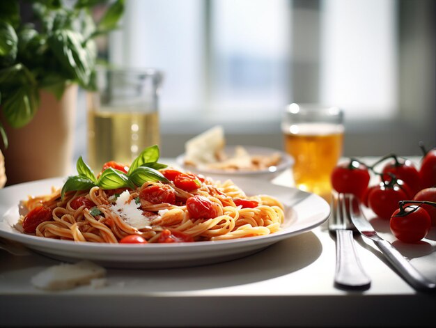 a plate of spaghetti with tomatoes and basil