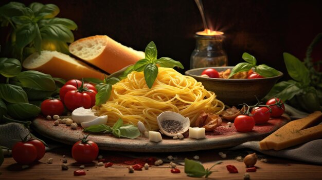 Тарелка спагетти с помидорами, чесноком и оливковым маслом.