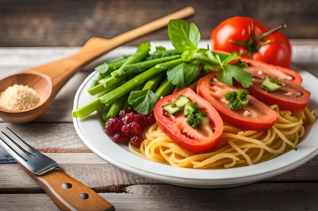 A plate of spaghetti with tomatoes, green beans, and green beans