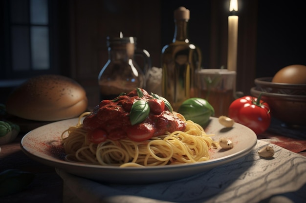 A plate of spaghetti with tomatoes on it and a bottle of olive oil in the background.