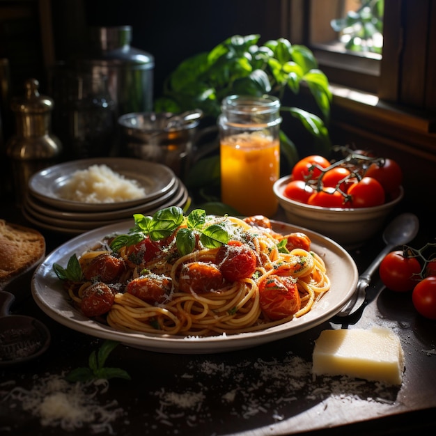 A plate of spaghetti with tomatoes and rice on a table.