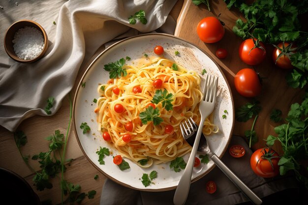 A plate of spaghetti with tomatoes on the side.