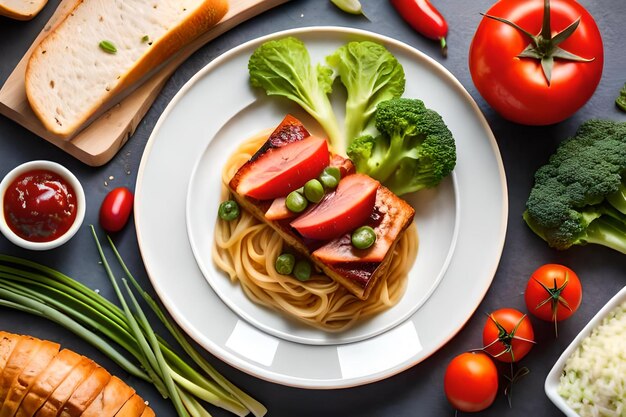 тарелка спагетти с овощами и мясом на столе.