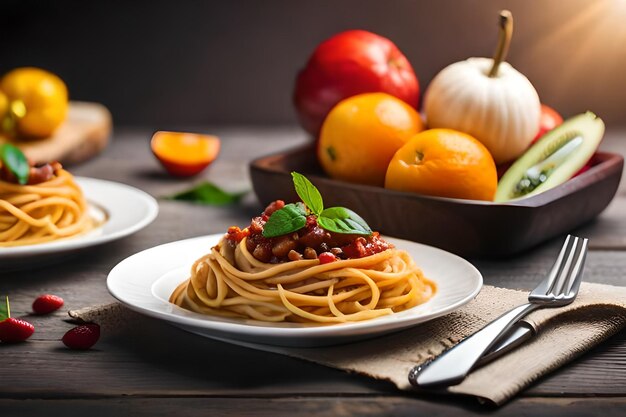 a plate of spaghetti with vegetables and meat.