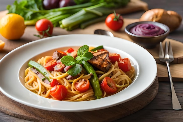 A plate of spaghetti with vegetables and meat.