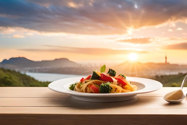 plate of spaghetti with vegetables on a table at sunset