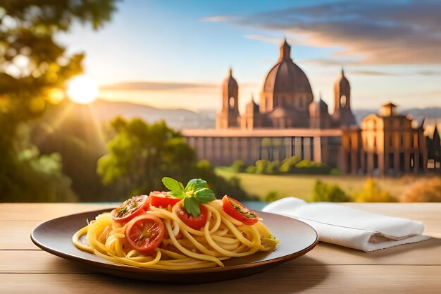 a plate of spaghetti with a view of a cathedral in the background.