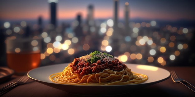 A plate of spaghetti with a view of a city in the background