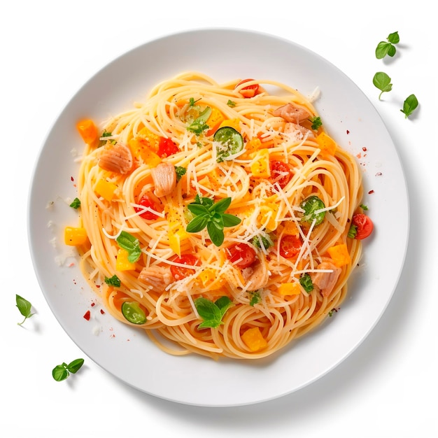 A plate of spaghetti with a yellow sauce and vegetables.