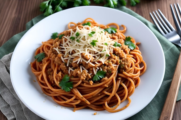 A plate of spaghetti on a wooden table