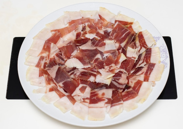 Plate of Spanish Iberian ham Gourmet meals concept