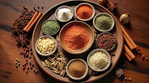 Plate of Spices and Nuts on Wooden Table