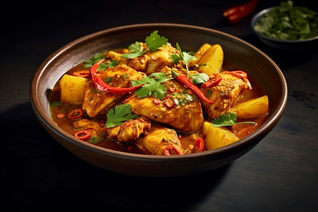 Photo a plate of spicy chicken curry is served