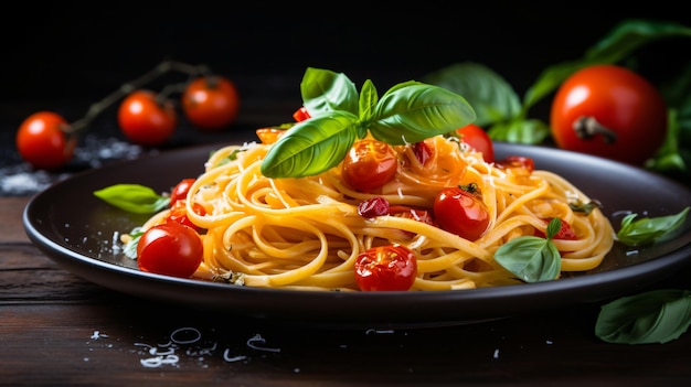 A plate of spicy homemade pasta with cherry tomatoes