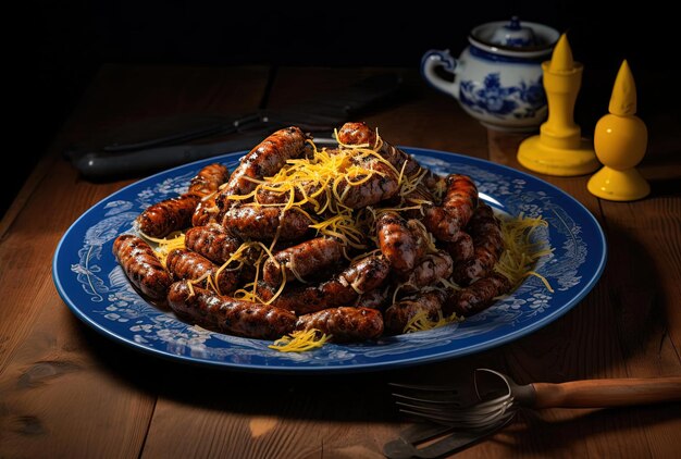 a plate of spicy sausages sitting on a wooden table in the style of light skyblue and yellow