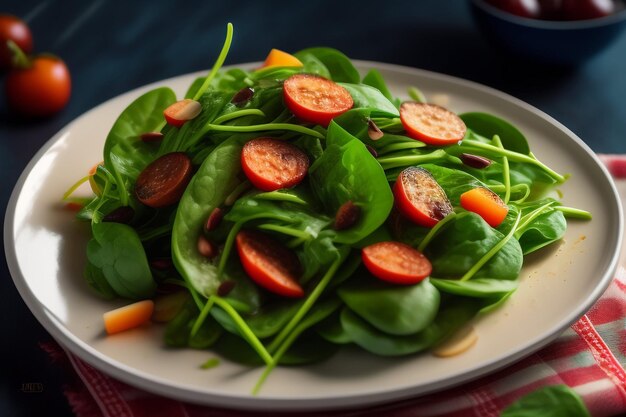 A plate of spinach salad with a bowl of apple juice in the background.