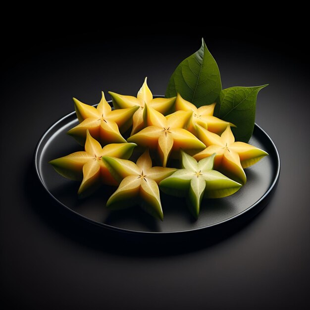 Plate of star fruit on black surface with dark background