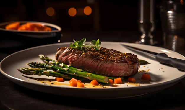 A plate of steak and asparagus with a glass of wine behind it