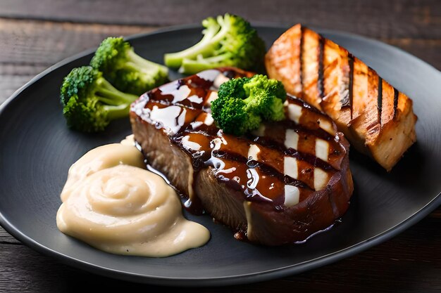 a plate of steak, broccoli, and potatoes with sauce on it.