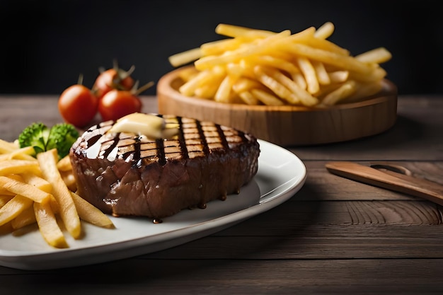 ステーキとフライドポテトのプレートとトマトのボウル