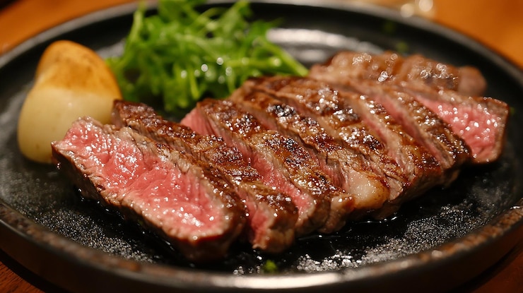 Photo 緑の葉を持つステーキと緑の皿