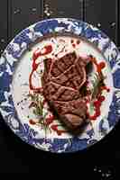 Photo a plate of steak and sauce with a blue and white floral pattern