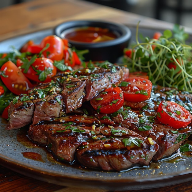 Plate of steak and tomatoes