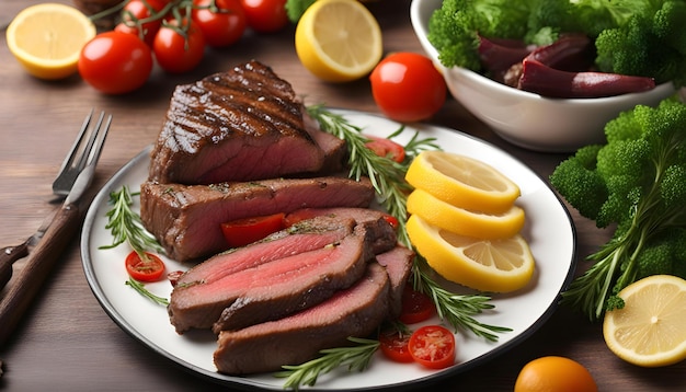 a plate of steak vegetables and lemons on a table