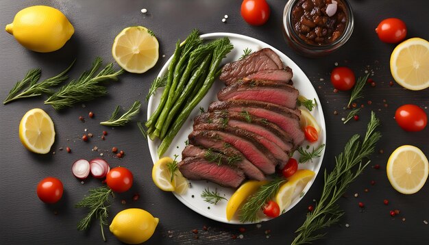 a plate of steak vegetables and lemons