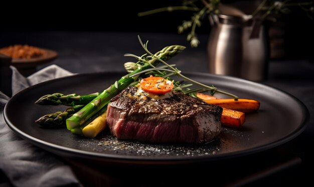 A plate of steak and vegetables on a table