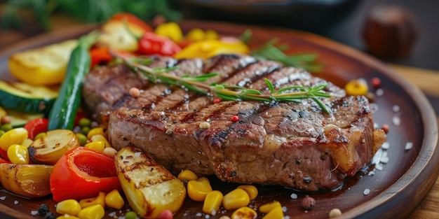 Plate of Steak and Vegetables on a Wooden Table