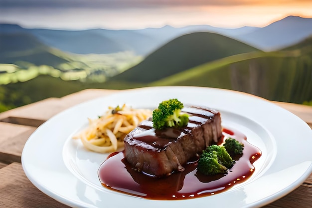 Photo a plate of steak with broccoli and a bottle of wine.