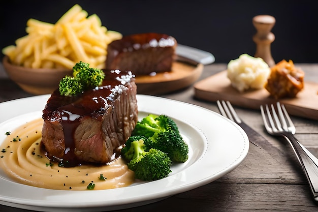 Photo a plate of steak with broccoli and fries on it