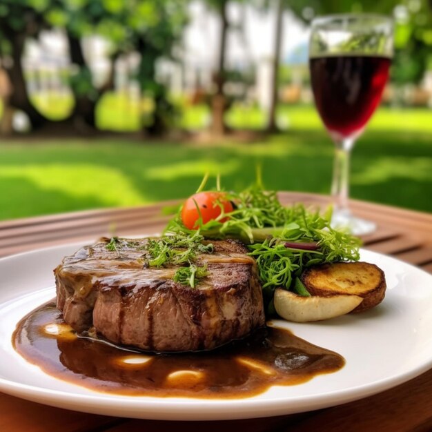 A plate of steak with a brown sauce and a glass of wine.