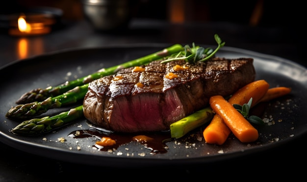 A plate of steak with carrots and asparagus