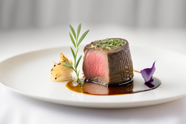 A plate of steak with a flower on the side