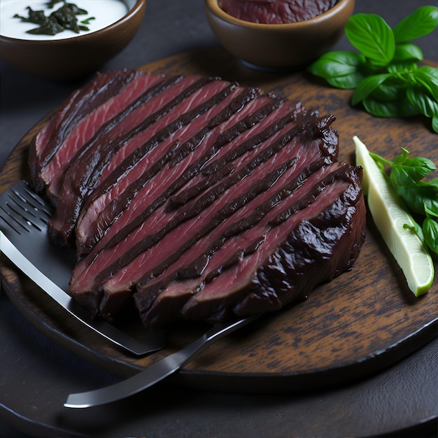 A plate of steak with a fork and a knife on it.