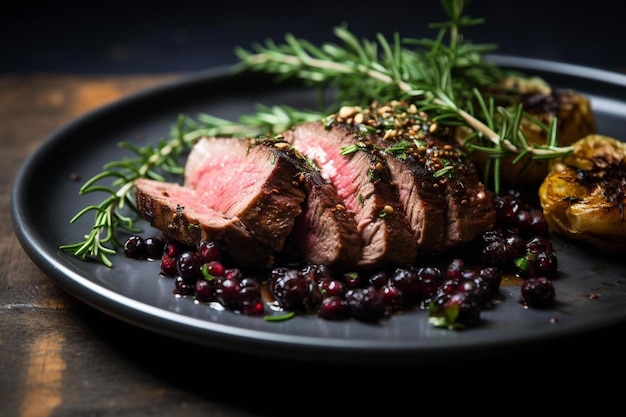 Foto un piatto di bistecca con erbe e spezie sopra