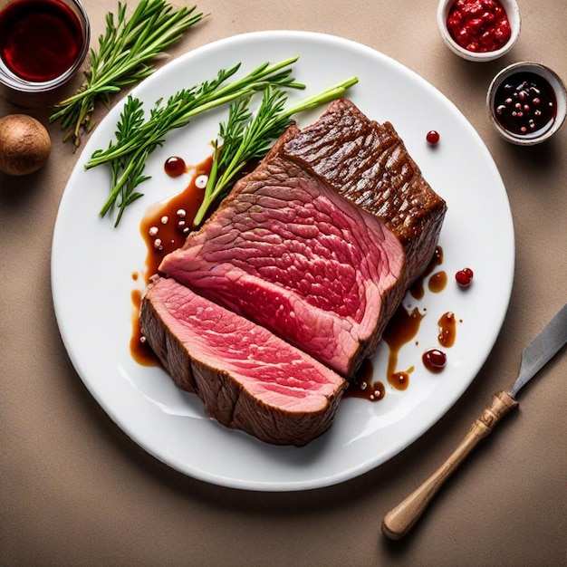 a plate of steak with a knife and some spices on it