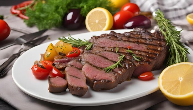 a plate of steak with a lemon and tomatoes on it