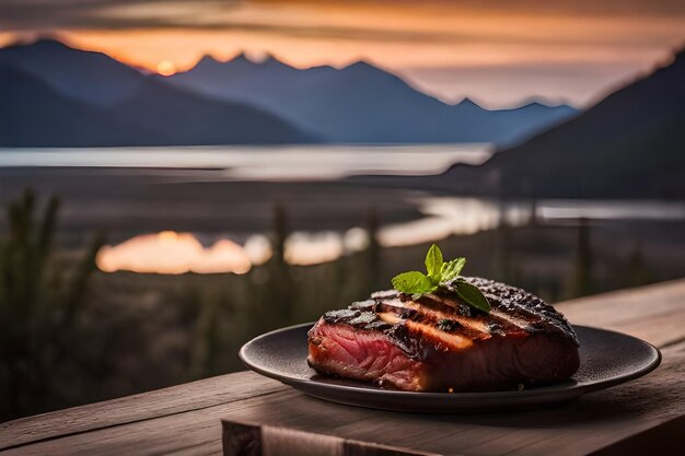 Photo a plate of steak with a mountain in the background