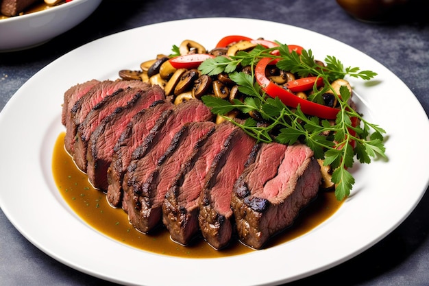 A plate of steak with mushrooms and mushrooms