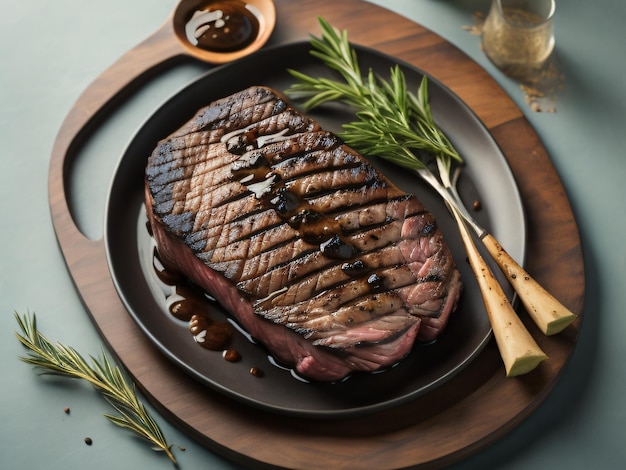 A plate of steak with a sauce drizzled on it