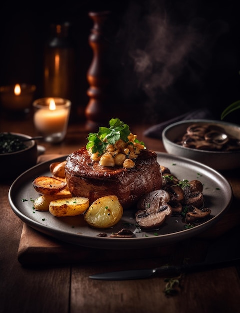 Photo a plate of steak with a side of vegetables and a candle on the table.