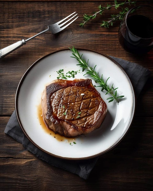 A plate of steak with a sprig of rosemary on it