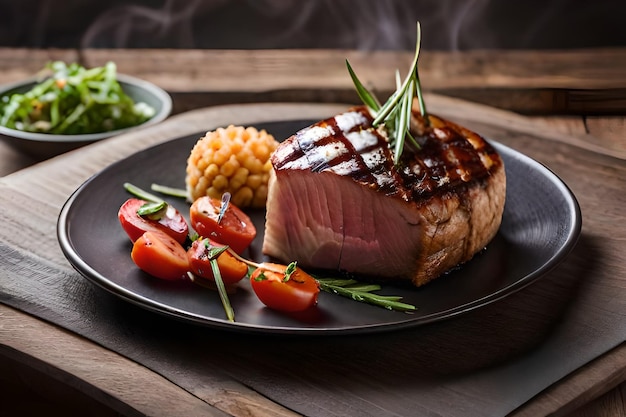 a plate of steak with a tomato and a cup of tea