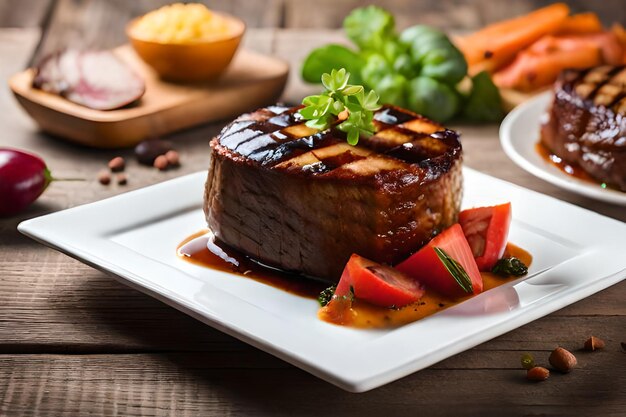 A plate of steak with vegetables and fruit on it